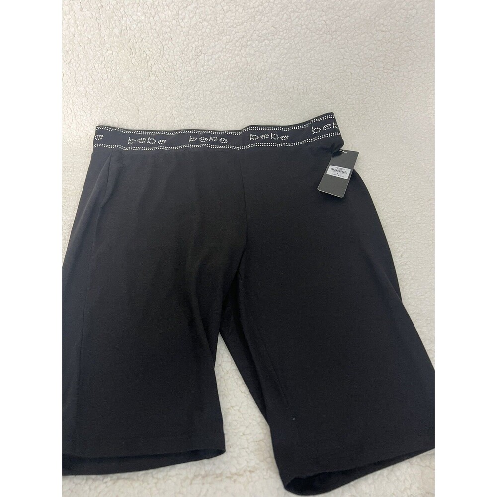 Women’s Bebe Biker Shorts with Rhinestone Crystal Logo Waist - Black, Size L